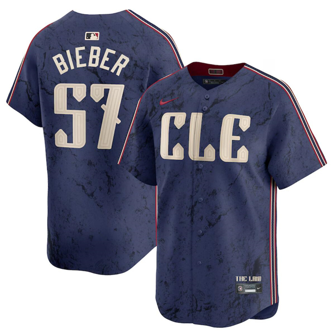 Men's Cleveland Guardians #57 Shane Bieber Navy 2024 City Connect Limited Stitched Jersey